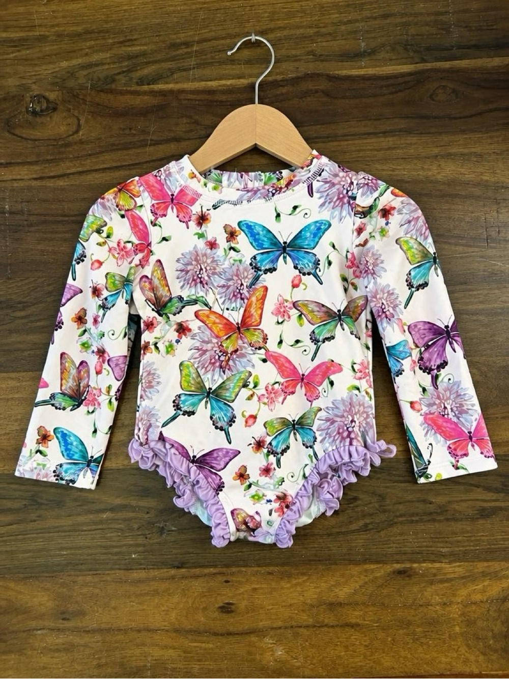 Posh Peanut Girls 2T Butterfly Floral Long Sleeve Ruffle One Piece Swimsuit